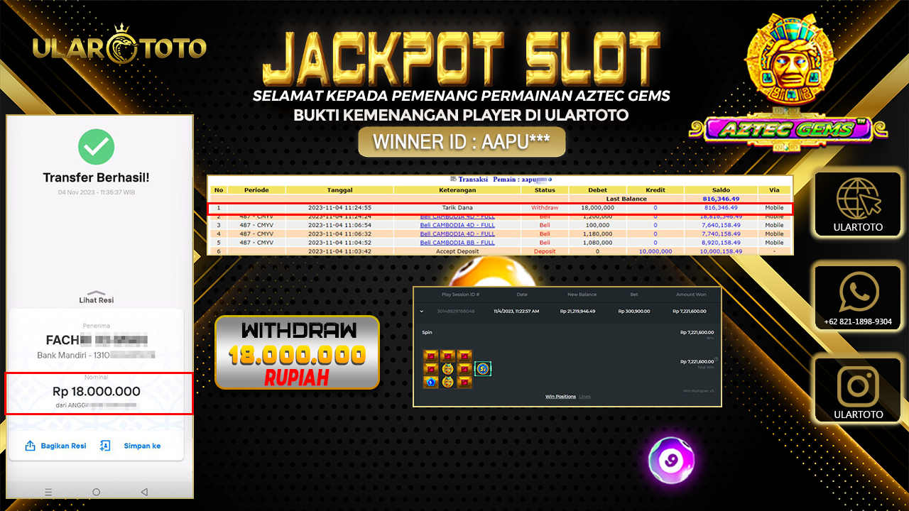 BUKTI PEMBAYARAN ULARTOTO HARI INI SLOT GAMES 4 NOVEMBER 2023 Rp. 18.000.000, - LUNAS