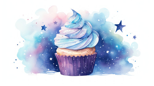 Watercolor cupcake with starry sky cake Ice Cream starry Night fantasy minimalistic clean stockimage.jpg