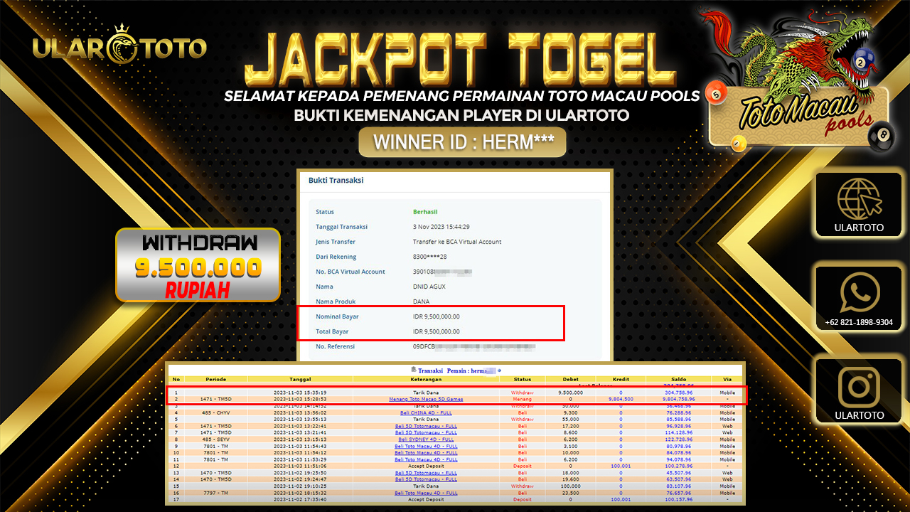 BUKTI PEMBAYARAN ULARTOTO TOTO MACAU POOLS 3 NOVEMBER 2023 Rp. 9.500.000 - LUNAS