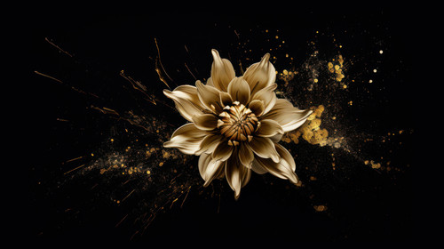 Golden Dahlia flower with paint splatter on black Flower Art painting for wall frames minimalistic c.jpg