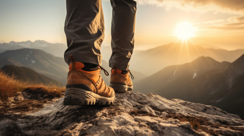 Hiker goes against sky and sun Hiking concept close up shoes of a Hiker facing the mountain minimali.jpg