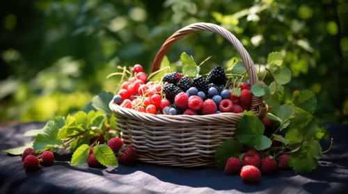 Forest Fruit in basket summer picnic basket with fruits and wild leaf created with minimalistic clea.jpg