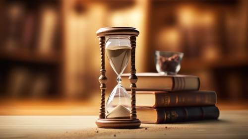 Hourglass with falling sand and stack of books on shelves on background minimalistic clean stockimag.jpg