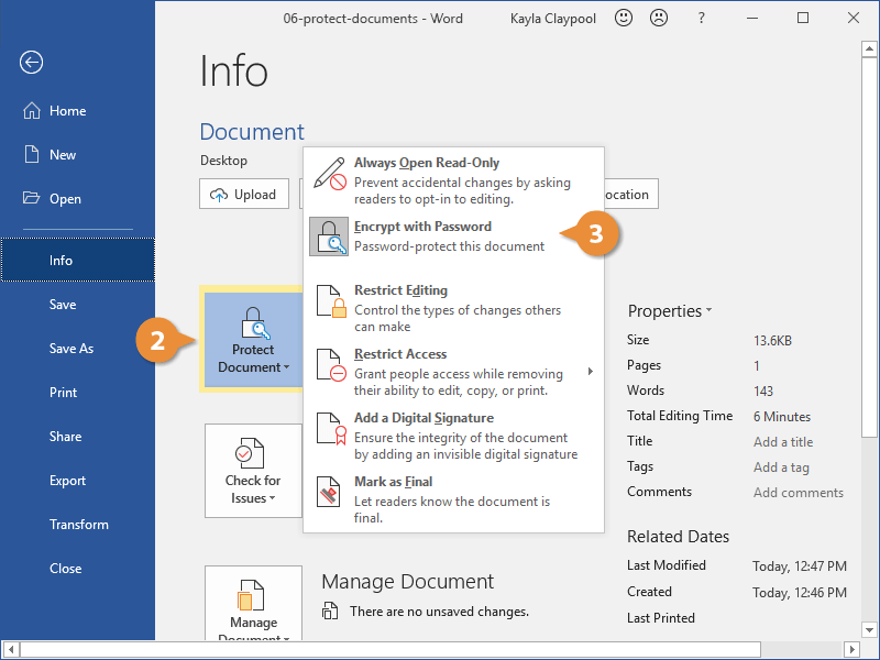 Side menu showing "Information" and "Protect document" options