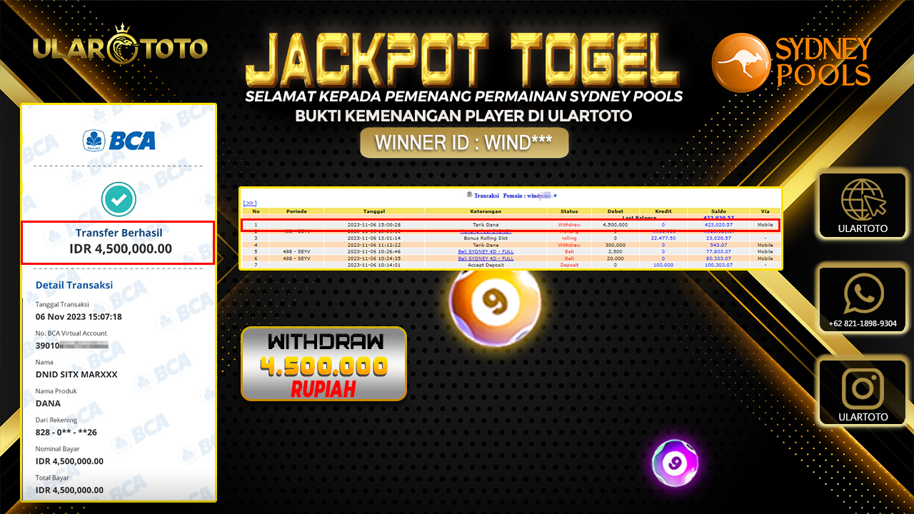 BUKTI PEMBAYARAN ULARTOTO SYDNEY POOLS 7 NOVEMBER 2023 Rp. 4.500.000 - LUNAS