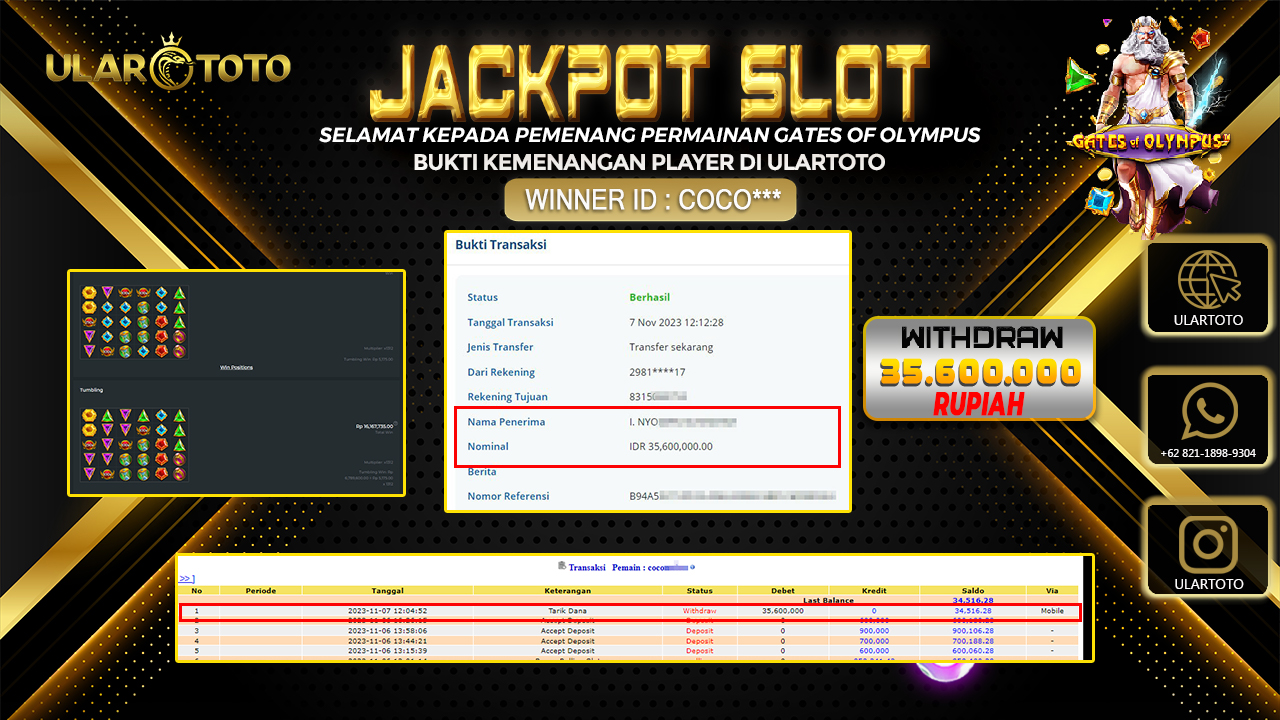BUKTI PEMBAYARAN ULARTOTO HARI INI SLOT GAMES 7 NOVEMBER 2023 Rp. 35.600.000, - LUNAS