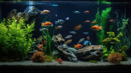 ein aquarium mit gruenem hintergrund und einem schwarz orangefarbenen fisch darauf 893755 423.png