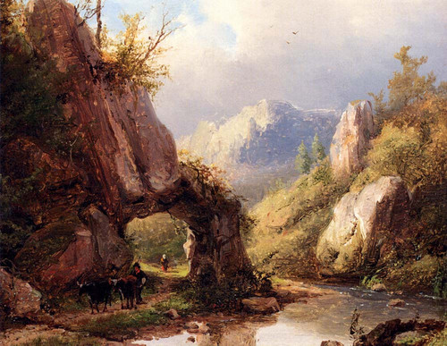 Klombeck Johann Bernhard A Mountain Valley With A Peasant And Cattle Passing Along A Stream