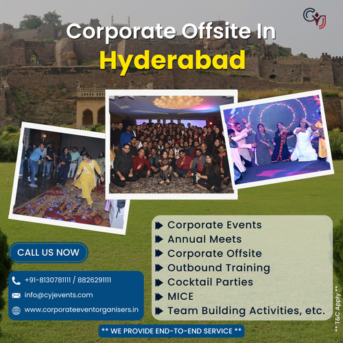 Plan your next Corporate Offsite Tour  with CYJ Events (A Unit of Comfort Your Journey Pvt. Ltd.). Be it a Conference, Training Program, Get-togethers or Team Building Activities, we provide venues at best for Corporate Offsite Venue in Hyderabad  and thrive to provide you every needed facility  to make your corporate event memorable and rejoicing. CYJ Events provides best Corporate Offsite Venues in Hyderabad , have a large experience in providing services for Corporate Events and employ vastly experienced professionals who ensure that every activity with CYJ is true to our commitment. To know more please contact us at 8826291111 or 8130781111 or visit our website: https://www.corporateeventorganisers.in/corporate-offsite-venues-in-hyderabad.php