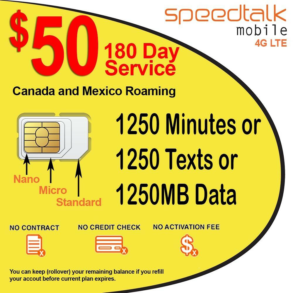 50 Rollover Prepaid GSM SIM Card 1250 Minutes Talk Text Data 180Day Service 793052170974 eBay
