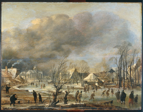 Neer, Aert van der Деревня на замерзшем канале в метель, 1677, 41,5 cm х 53,5 cm, Дерево, масло