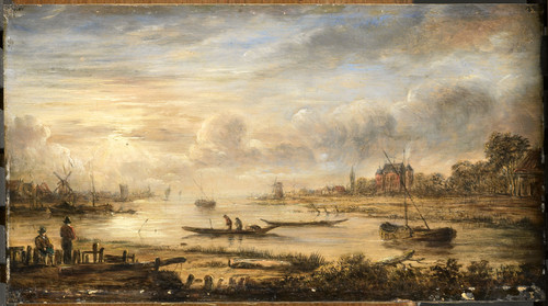 Neer, Aert van der (стиль) Вид на реку на рассвете, 1750, 15,6 cm x 28,5 cm, Дерево, масло