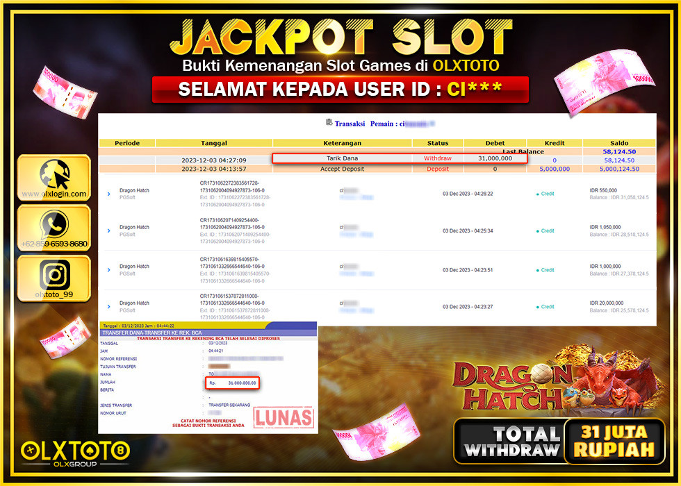 OLXTOTO JACKPOT SLOT DRAGON HATCH Rp.31.000.000.,- LUNAS