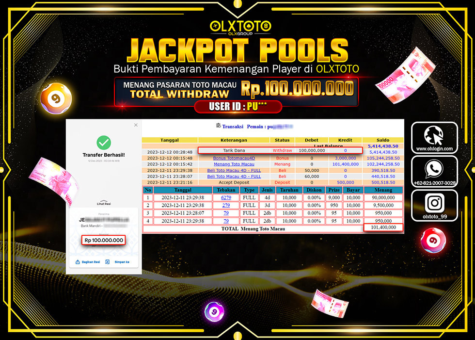 OLXTOTO JACKPOT TOGEL PASARAN TOTO MACAU Rp.100.000.000,- LUNAS