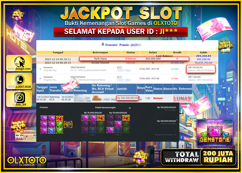 OLXTOTO JACKPOT SLOT GEMSTONE Rp.200.000.000.,- LUNAS