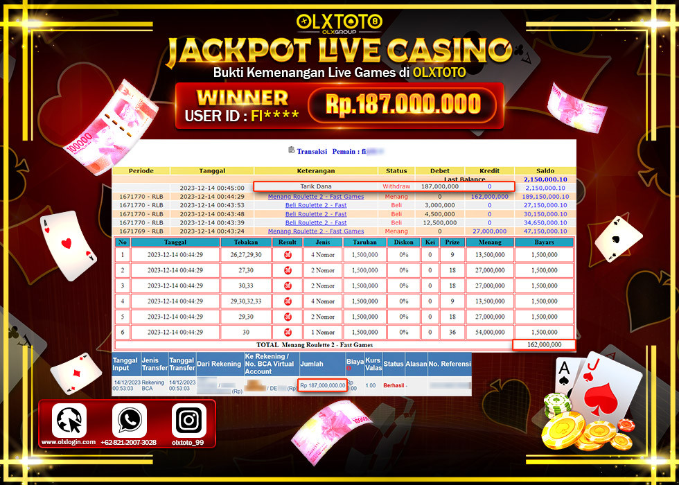 OLXTOTO JACKPOT LIVE GAMES ROULETTE Rp.187.000.000,- LUNAS