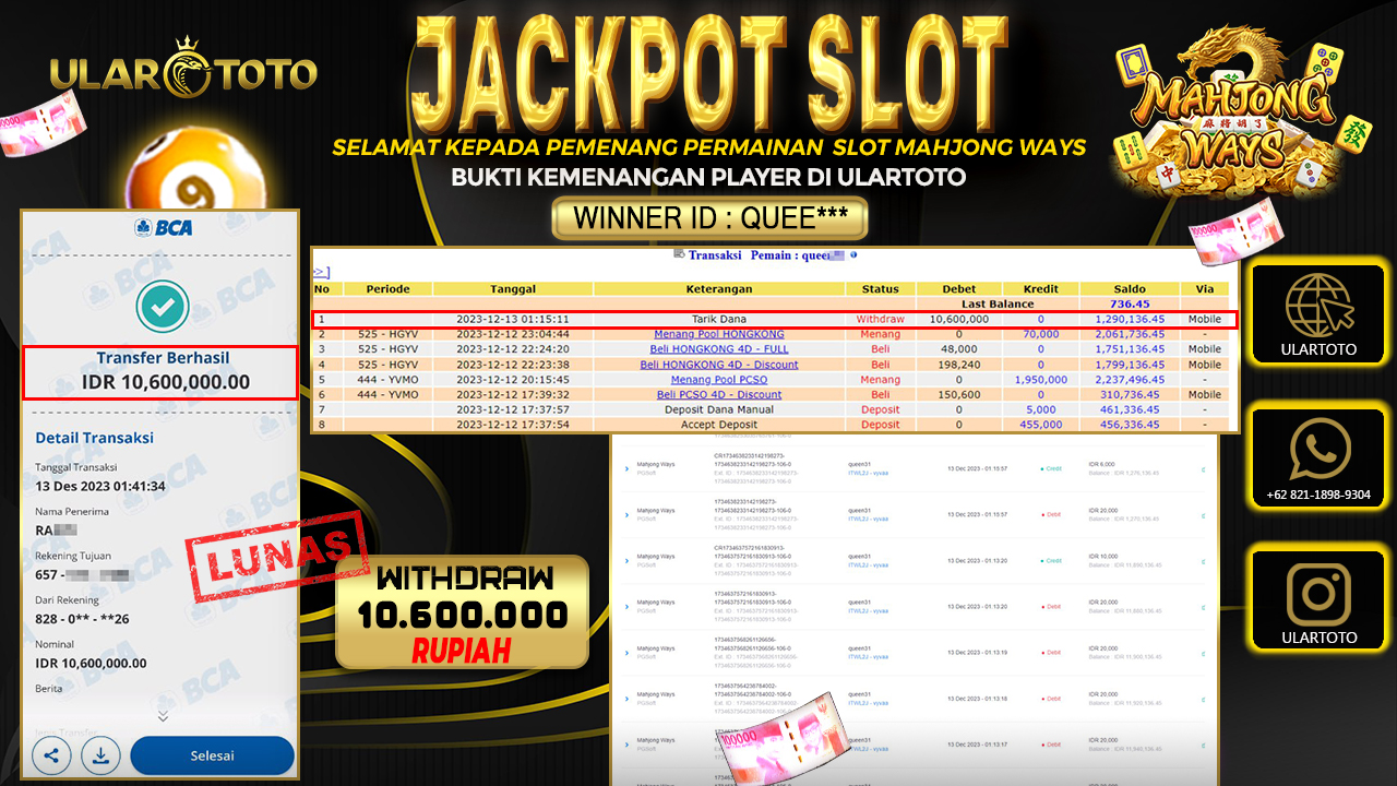 BUKTI PEMBAYARAN ULARTOTO HARI INI SLOT GAMES 13 DESEMBER 2023 Rp. 10.600.000, - LUNAS