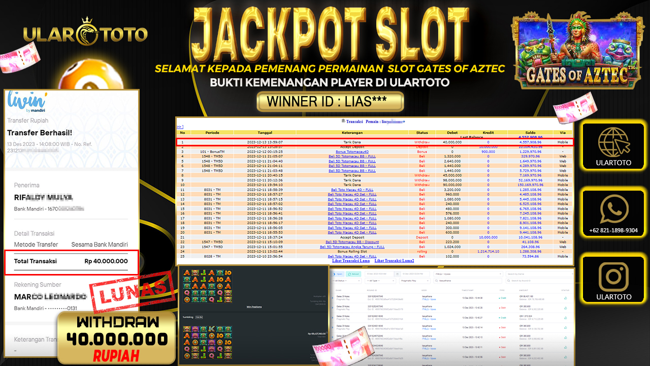 BUKTI PEMBAYARAN ULARTOTO HARI INI SLOT GAMES 13 DESEMBER 2023 Rp. 40.000.000, - LUNAS