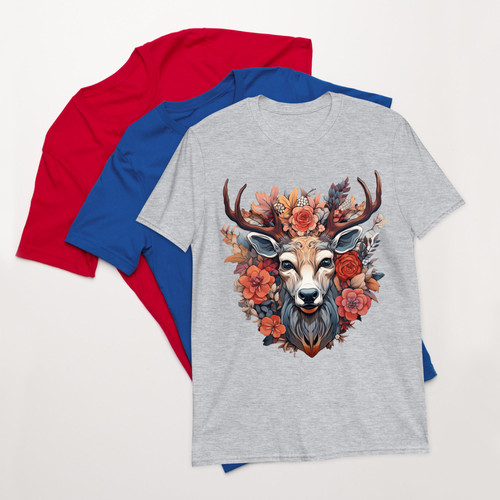 Floral Deer Vintage Flowers Deer for Deers Lover Shirt for Women, Men Flowers Deer Graphic Short Sle.jpg