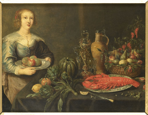Monogrammist AS Молодая женщина за столом с фруктами, 1675, 22 cm х 29 cm, Медь, масло