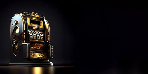 full length of old fashioned slot machine in black and golden color against background with copy spa