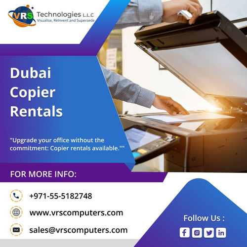 Discover how VRS Technologies LLC's Dubai Copier Rentals can make your office better. Get top-notch copiers that handle all your printing needs easily. Just call +971-55-5182748 to start making your office work smoother.

Visit: https://www.vrscomputers.com/computer-rentals/copier-rental-in-dubai/