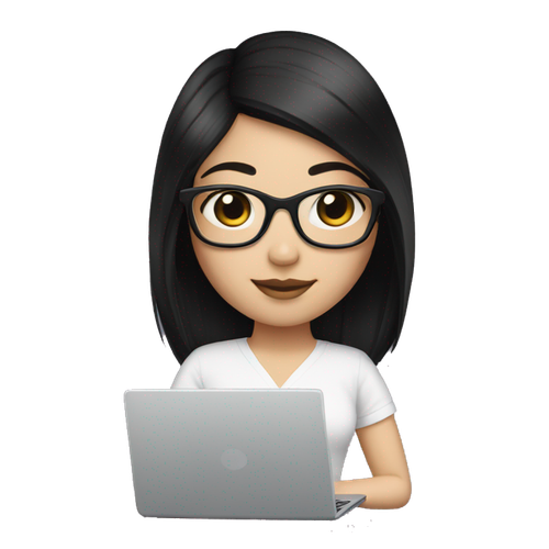 create me a girl with a square cut, black hair, and square glasses and white skin with a laptop.png