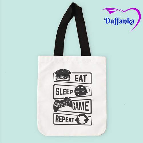 Tas Slempang Tote Bag Kanvas Eat Sleep Game Repeata.jpg