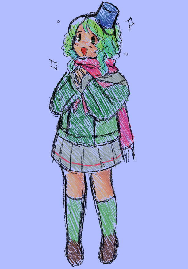a doodle of Kanna wearing a scarf and smiling