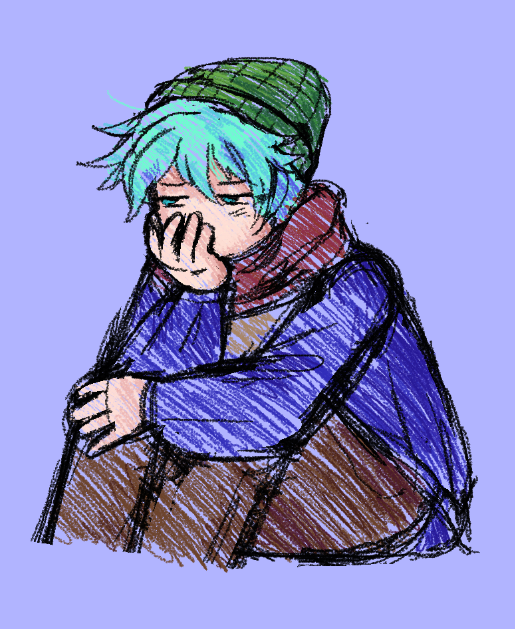 a doodle of Sou sitting down with his knees tucked and a contemplative expression