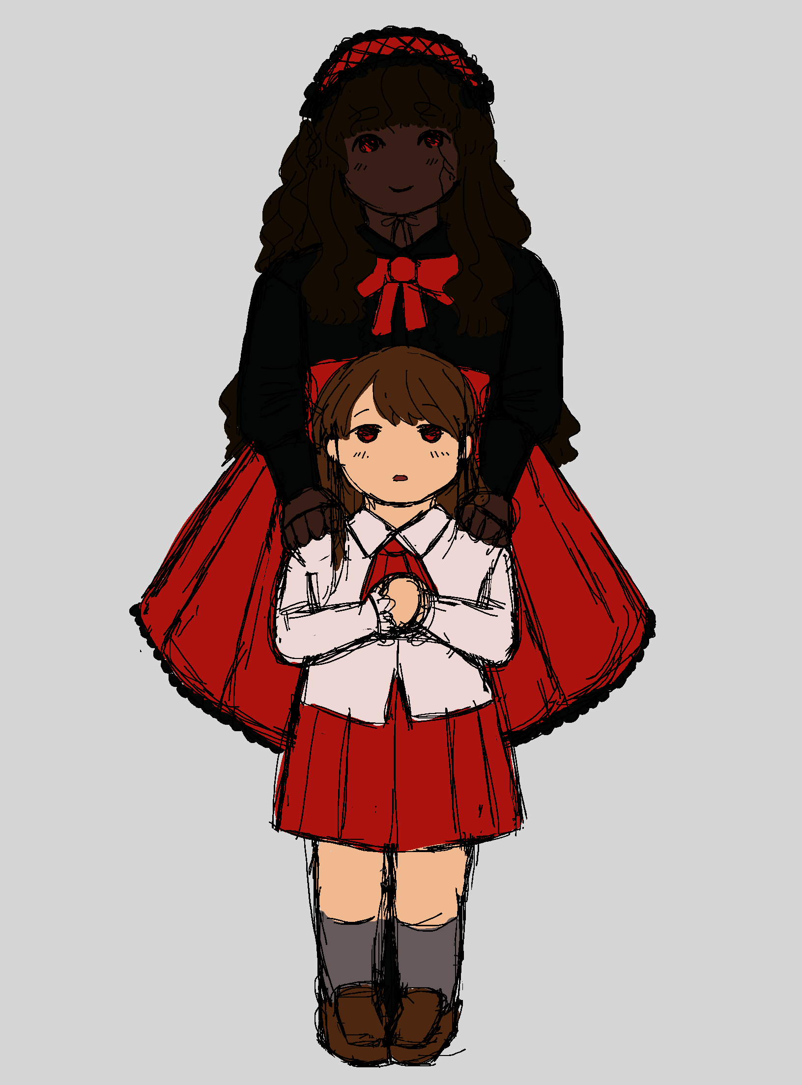 a doodle of Adeola and Ib from IB, Adeola has her hands placed on Ib's shoulders while Ib clapses her hands