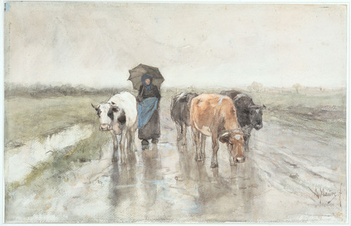 Mauve, Anton Коровы и пастушка на проселочной дороге в дождь, 1888, 355 mm х 555 mm, Рисунок, акваре