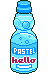 a bottle of blue ramune with the label that reads pastelhello