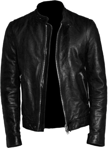 Men's Blue Leather Jacket Soft Lambskin Motorcycle Cafe Racer Jacket 0.jpg