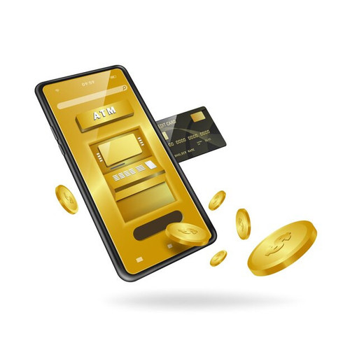credit card was inserted into his smartphone atm machine gold coins flowed out all floating mid airv