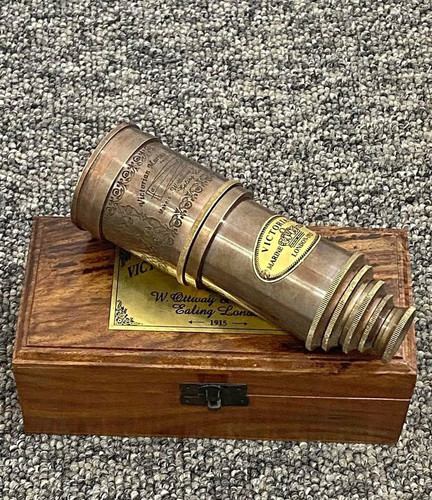 Marine Telescope Nautical Solid Brass Wooden Box.jpg