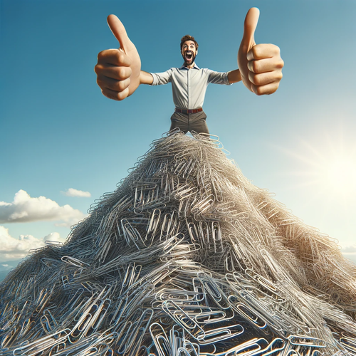 DALL·E 2023 11 28 18.47.44 A man standing on top of a mountain made entirely of paperclips. He is gi.png