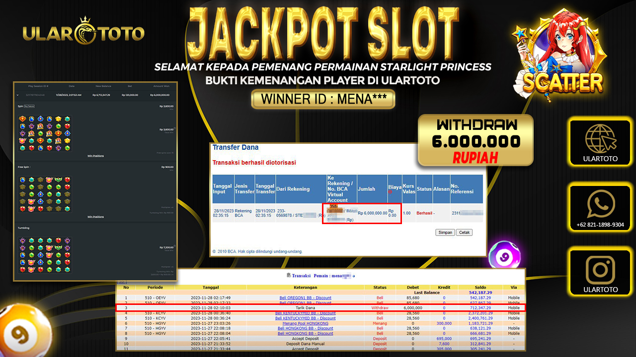 BUKTI PEMBAYARAN ULARTOTO HARI INI SLOT GAMES 27 NOVEMBER 2023 Rp. 6.000.000, - LUNA8