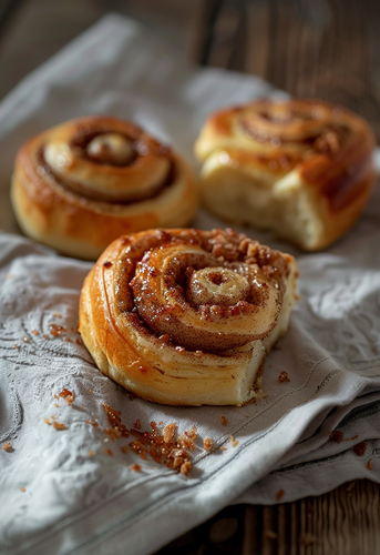 dterox A photo of three cinnamon rolls on a kitchen towel one 2fee8219 d656 4355 baae 486ebd1b23a9 3.png