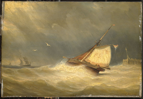 Hoffmann, Georges Johannes Бурное море с парусными судами, 1859, 16,7 cm x 24,7 cm, Дерево, масло
