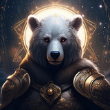 Firefly Dramatic dark art portrait of dark haired male paladin in bear mask with nimbus over his hea