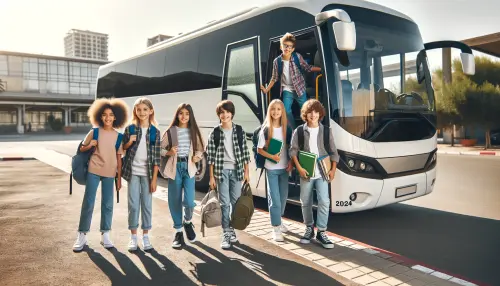 DALL·E 2024 06 11 10.44.15 A group of 10 year old happy children with backpacks and books, getting o.webp