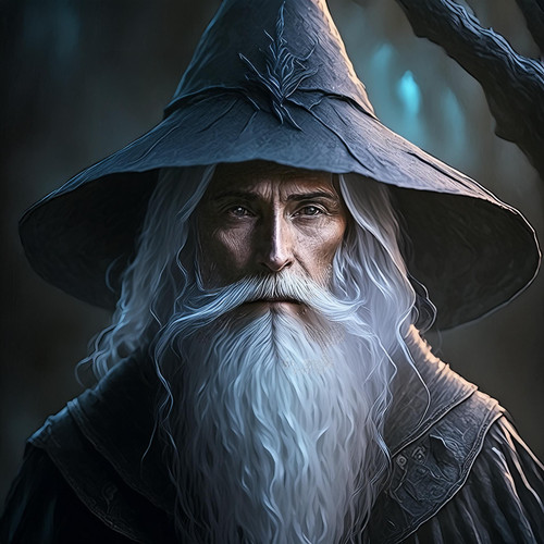 Firefly Dark fantasy dramatic portrait of old male mage with long white beard in super giant hat whi.jpg
