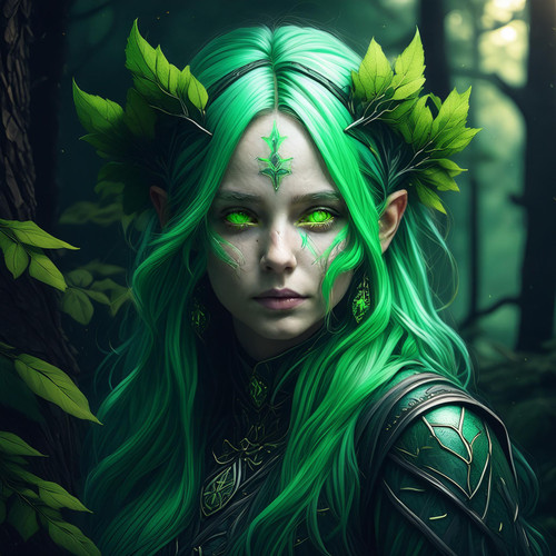 Firefly Dark fantasy art dramatic portrait of human female druid, green colored hair; forest backgro.jpg