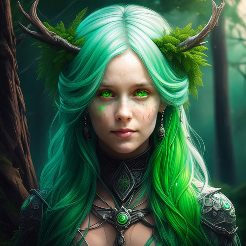Firefly Dark fantasy art dramatic portrait of human female druid, green colored hair; forest backgro.jpg