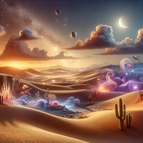 DALL·E 2023 12 02 23.54.53 An imaginative desert scene at dusk, blending reality with fantasy. The l.png