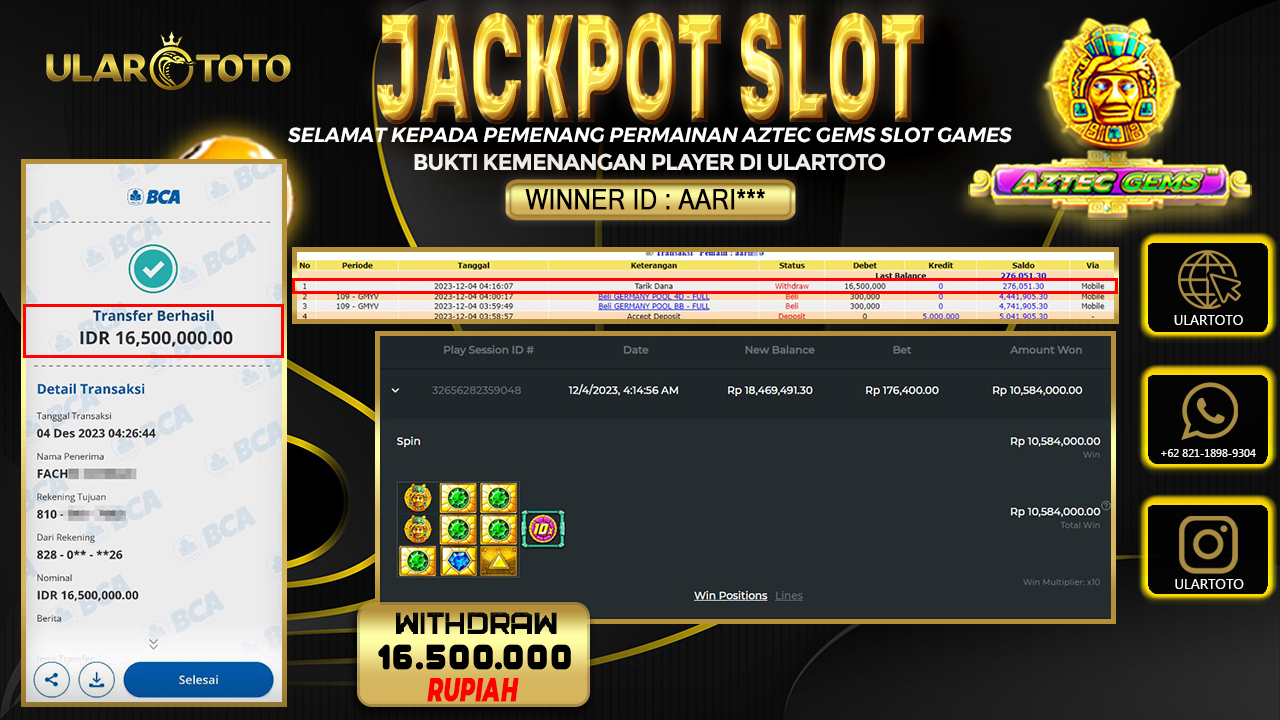BUKTI PEMBAYARAN ULARTOTO HARI INI SLOT GAMES 4 DESEMBER 2023 Rp. 16.500.000, - LUNAS