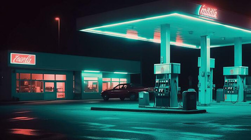 the surreal and creepy world of a neon adorned 70s gas station generative ai photo.jpg