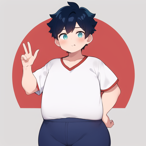 1boy simple white shirt with red short sleeves simple navy blue shorts young teenager cute chubby bo.png