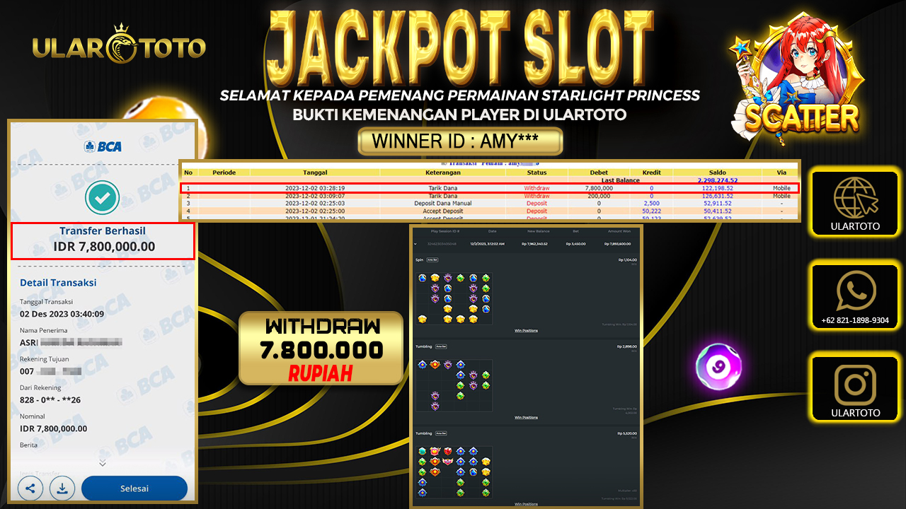 BUKTI PEMBAYARAN ULARTOTO HARI INI SLOT GAMES 2 DESEMBER 2023 Rp. 7.800.000, - LUNAS